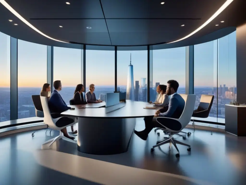 Sala de videoconferencias moderna con vista panorámica de la ciudad Profesionales en reunión de videoconferencia con protección confidencialidad paciente