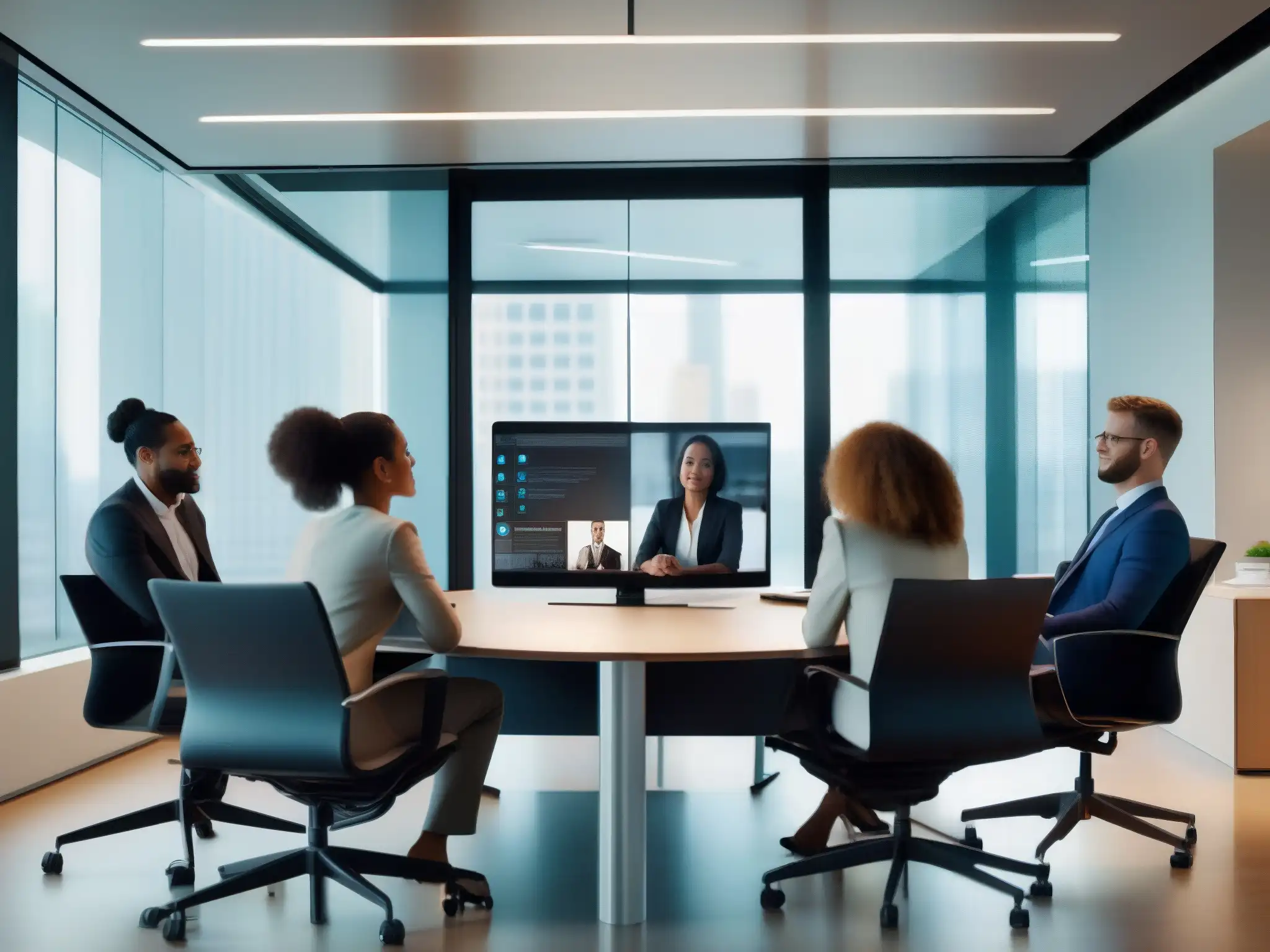 Profesionales modernos ajustan seguridad en VideoMeetingsHub Profesionales en reunión por videoconferencia, ajustando la configuración de privacidad en VideoMeetingsHub