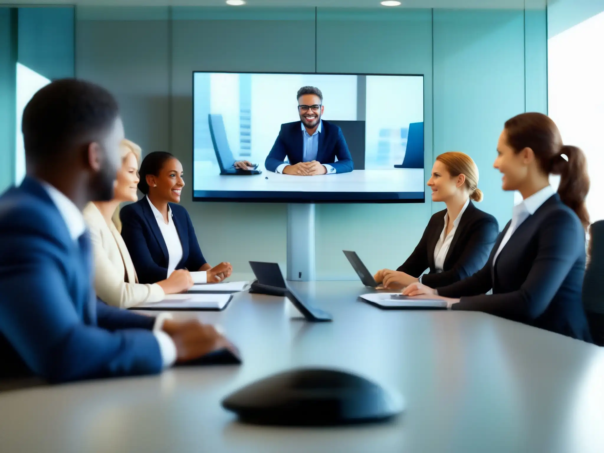 Profesionales en videoconferencia: estrategias y análisis Profesionales en reunión de videoconferencia en una moderna sala de juntas