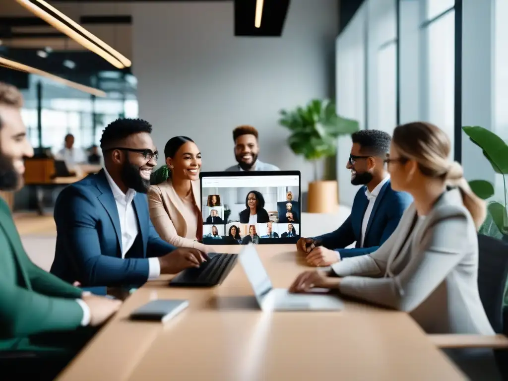 Reunión profesional en oficina moderna con videollamada en WhatsApp Profesionales en una reunión virtual por WhatsApp