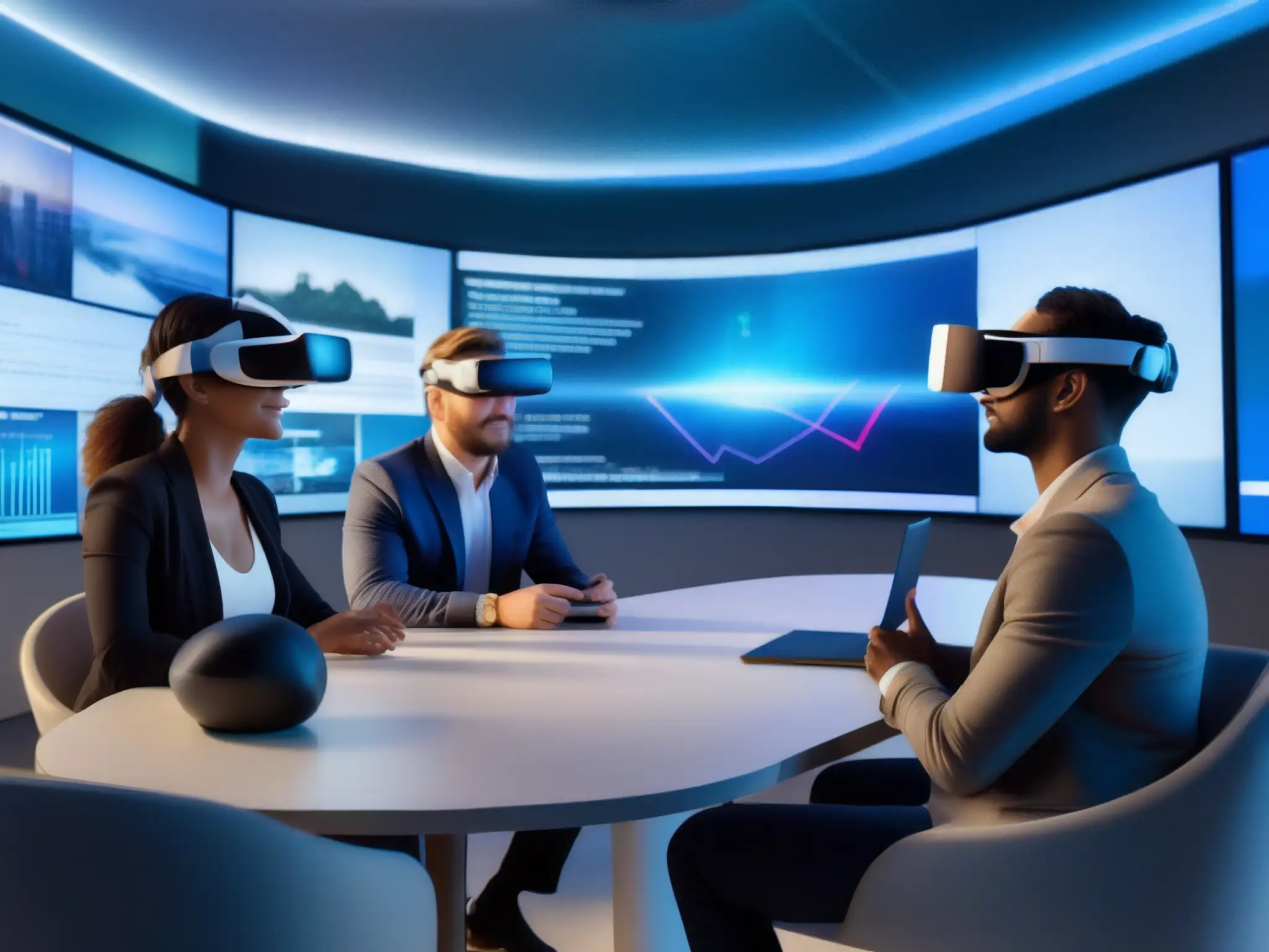 Reunión virtual con VR: profesionales interactúan en entorno futurista Profesionales diversos usan VR en reunión virtual