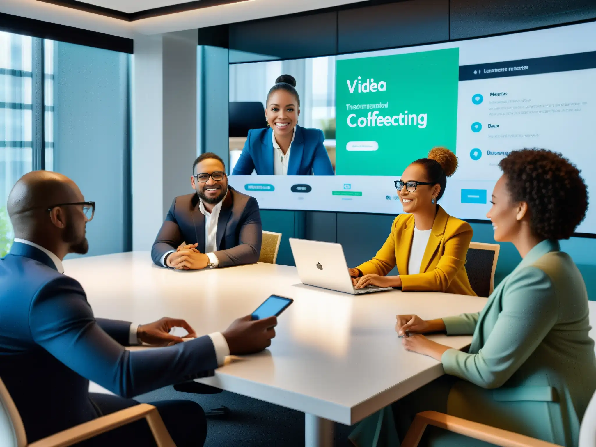 Profesionales colaborando en videoconferencia Profesionales en reunión virtual, con ambiente cálido y moderno
