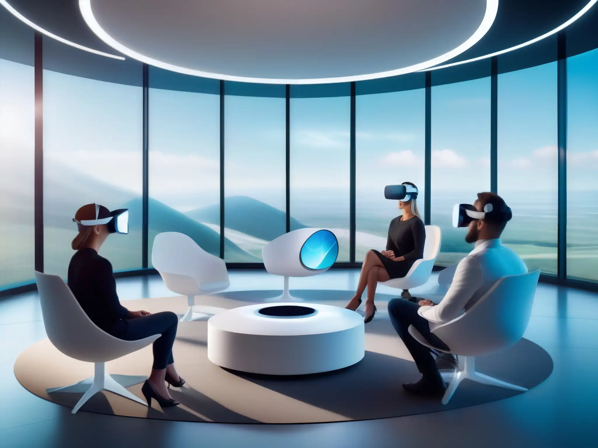 Reunión virtual futurista: profesionales en VR colaboran Profesionales en reunión virtual usando VR para crear ambientes efectivos realidad virtual