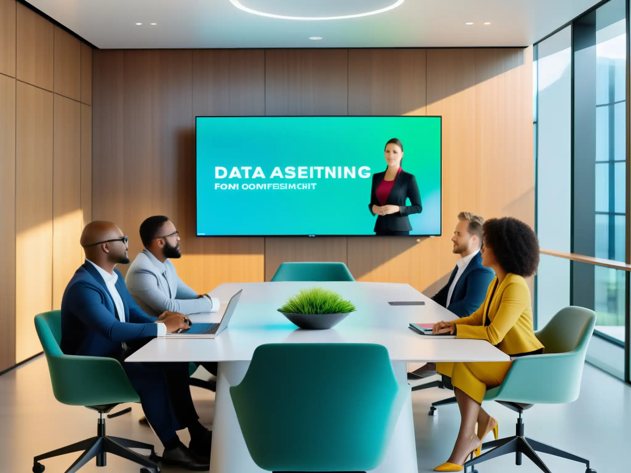 Sala de conferencias futurista con visualizaciones de datos y asistente AI Profesionales en reunión virtual con moderna automatización y análisis de datos en una sala de conferencias luminosa y minimalista