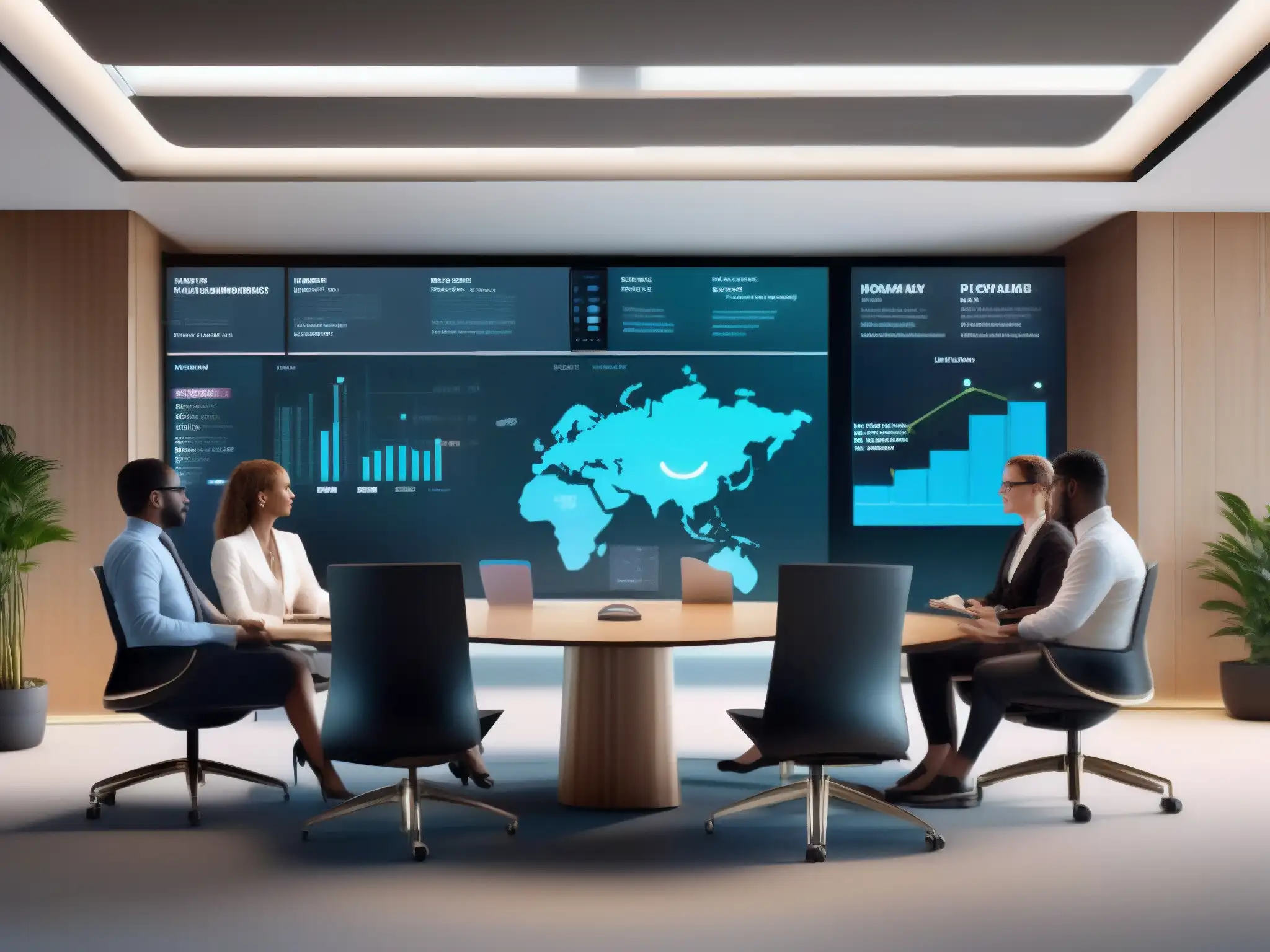 Reunión virtual con AI: eficiencia y colaboración Profesionales en reunión virtual, con asistentes IA facilitando la integración y productividad