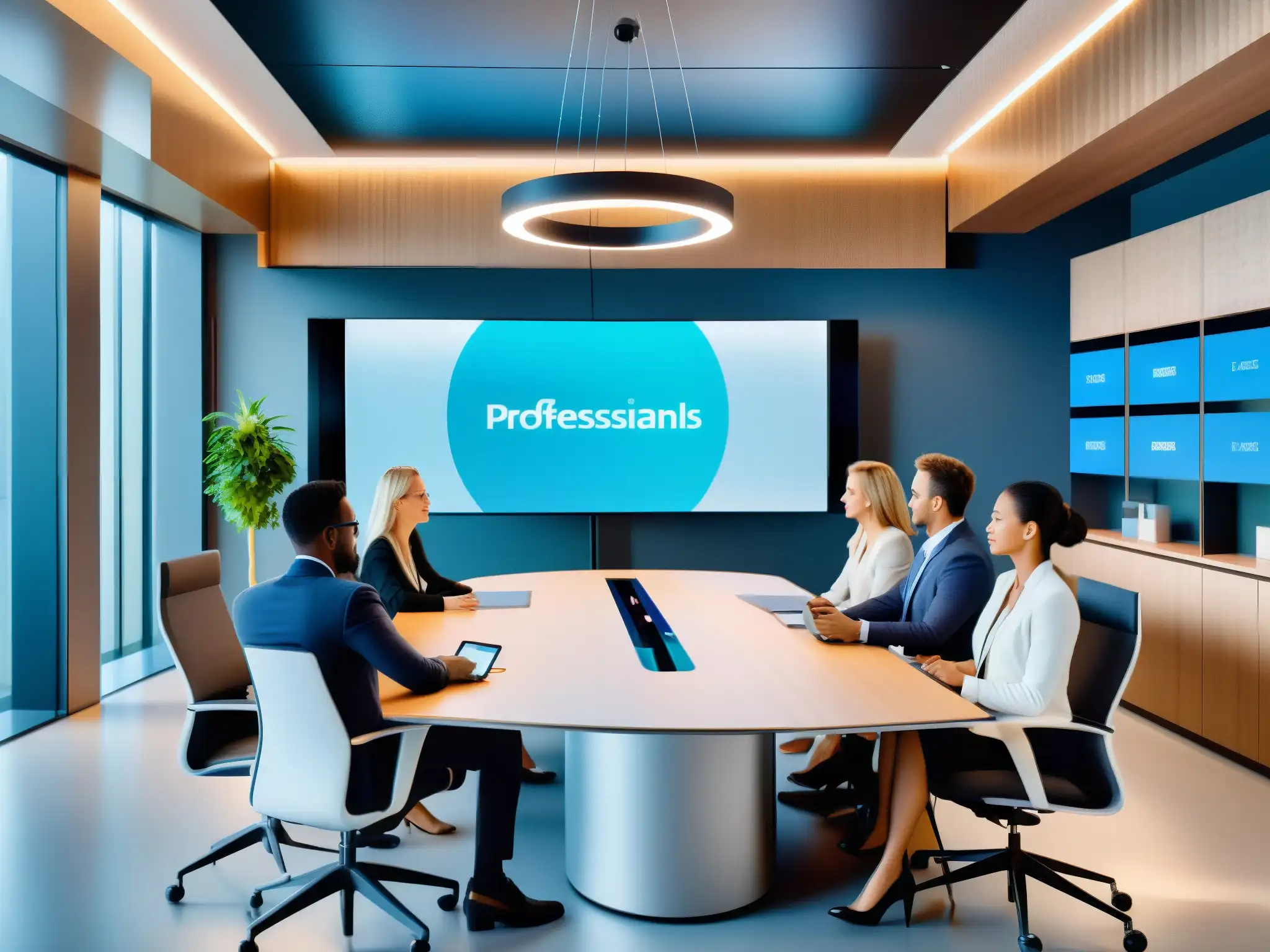 Reunión virtual de profesionales con asistentes AI integrados Profesionales en reunión virtual con asistentes AI integrados, ambiente dinámico y tecnológico