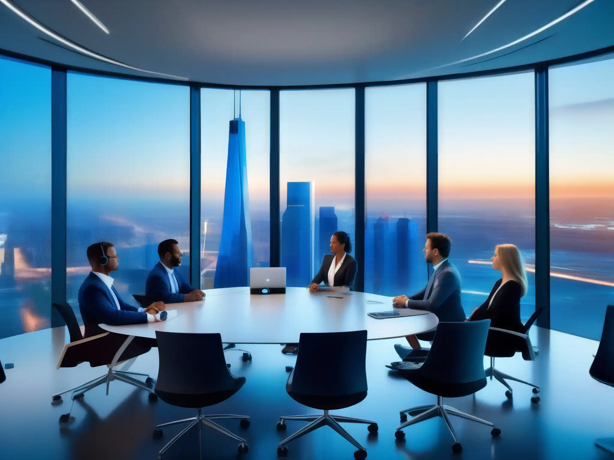 Reunión virtual 5G: Innovación y profesionalismo en acción Profesionales en reunión virtual con tecnología 5G y vistas a la ciudad