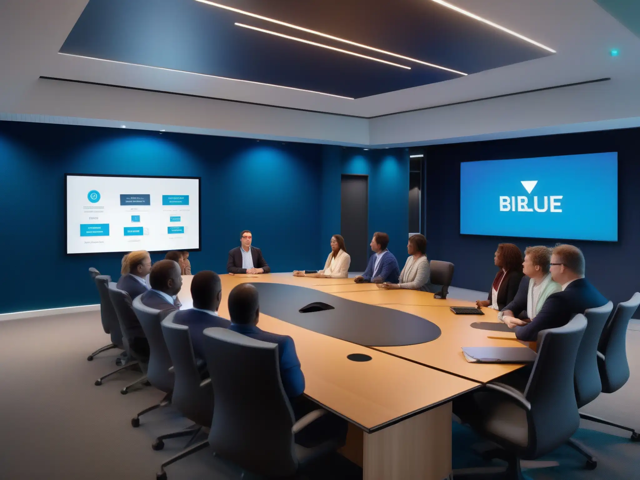 Sala de conferencias moderna con BigBlueButton: Innovación en acción Profesionales en reunión virtual, colaborativa y dinámica con pantalla de BigBlueButton