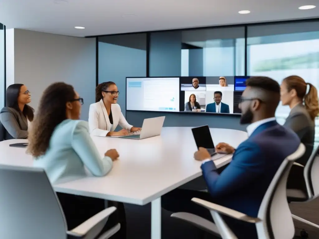 Reunión virtual dinámica: colaboración profesional en breakout rooms Profesionales en reunión virtual colaborativa con salas virtuales para mejorar productividad