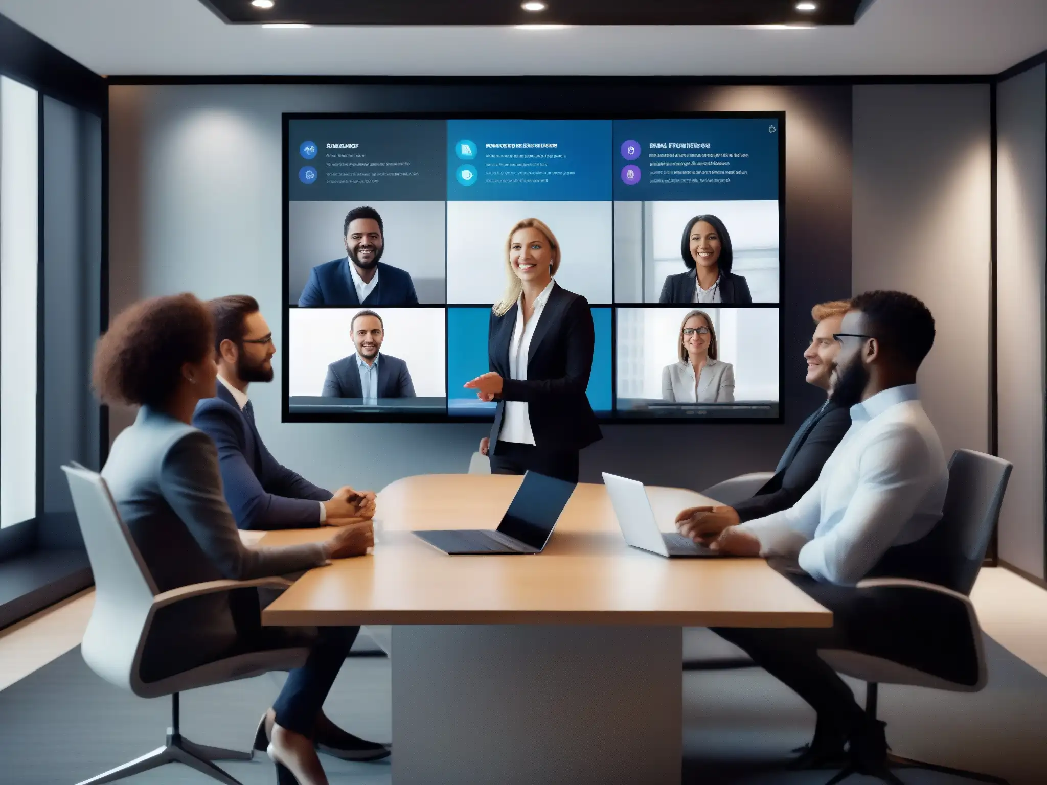 Reunión virtual de profesionales: colaboración dinámica Profesionales colaborando en reunión virtual corporativa con las mejores herramientas para reuniones virtuales corporativas, en un entorno profesional y dinámico