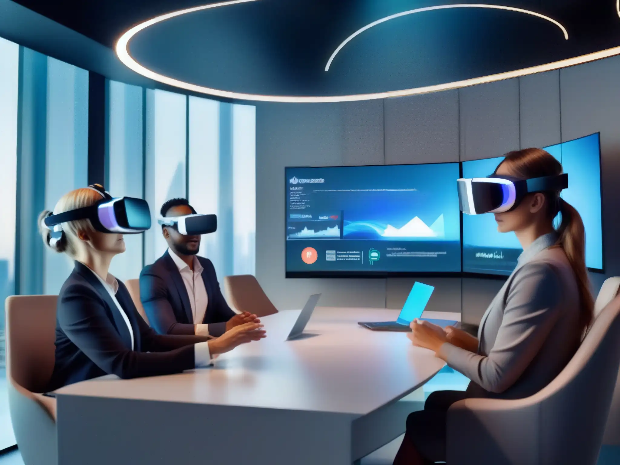 Reunión virtual: optimización de costos en conferencias Profesionales en reunión virtual con tecnología VR, optimizando costos de videoconferencias