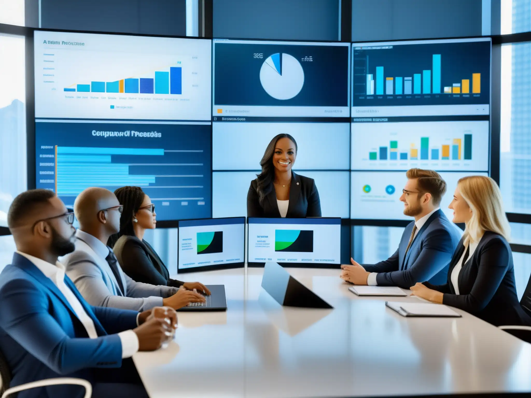 Profesionales en reunión virtual: colaboración y tecnología Profesionales en reunión virtual, enfocados en pantallas con expresiones serias