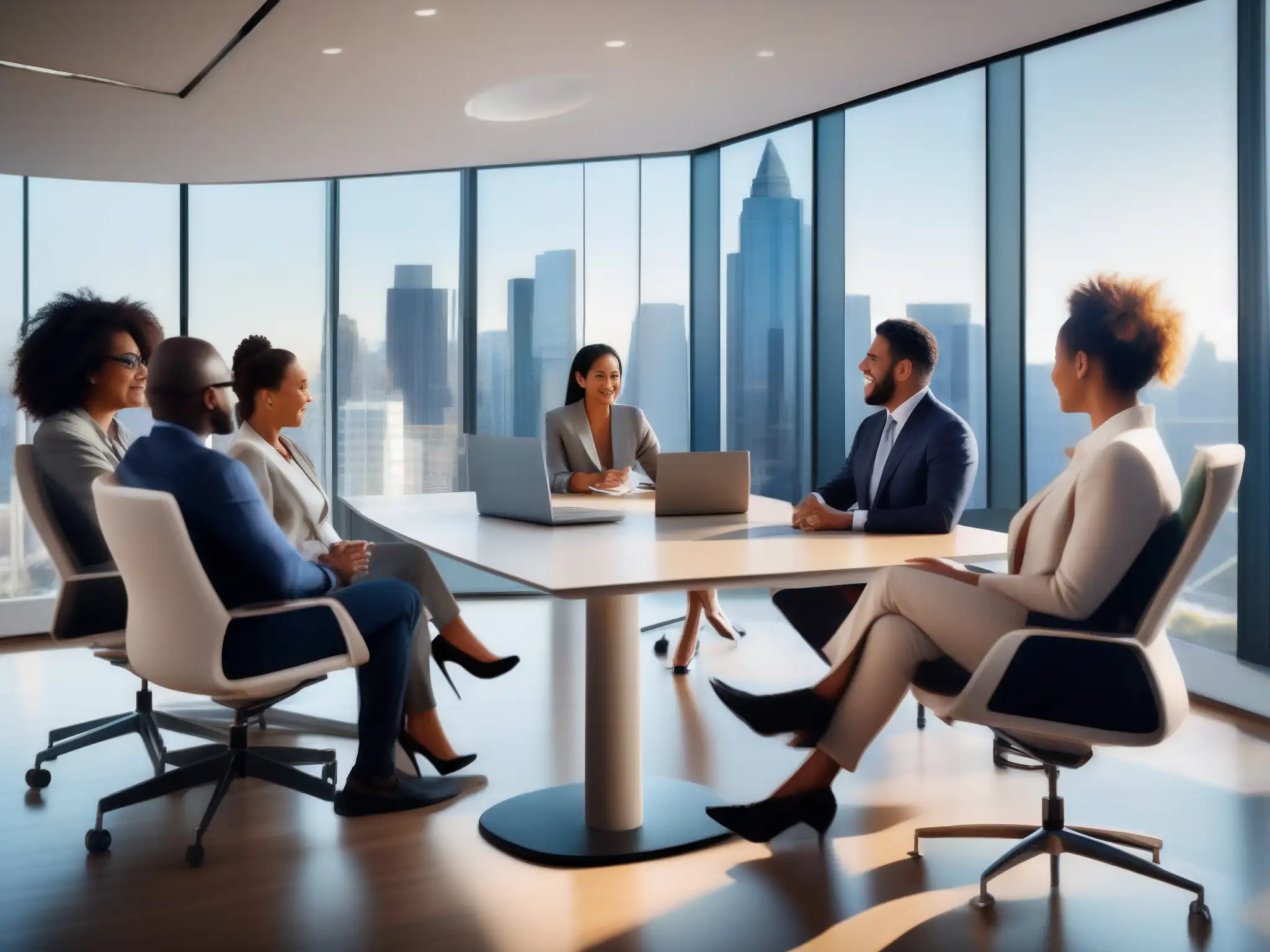 Reunión virtual de profesionales: innovación y colaboración Profesionales colaboran en reunión virtual, integrando equipos remotos con herramientas de videoconferencia