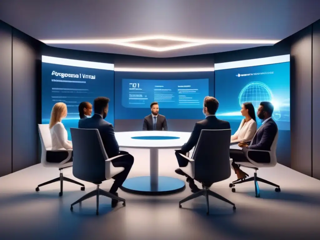 Profesionales en reunión virtual con fondos personalizados y filtros de IA, creando un ambiente futurista