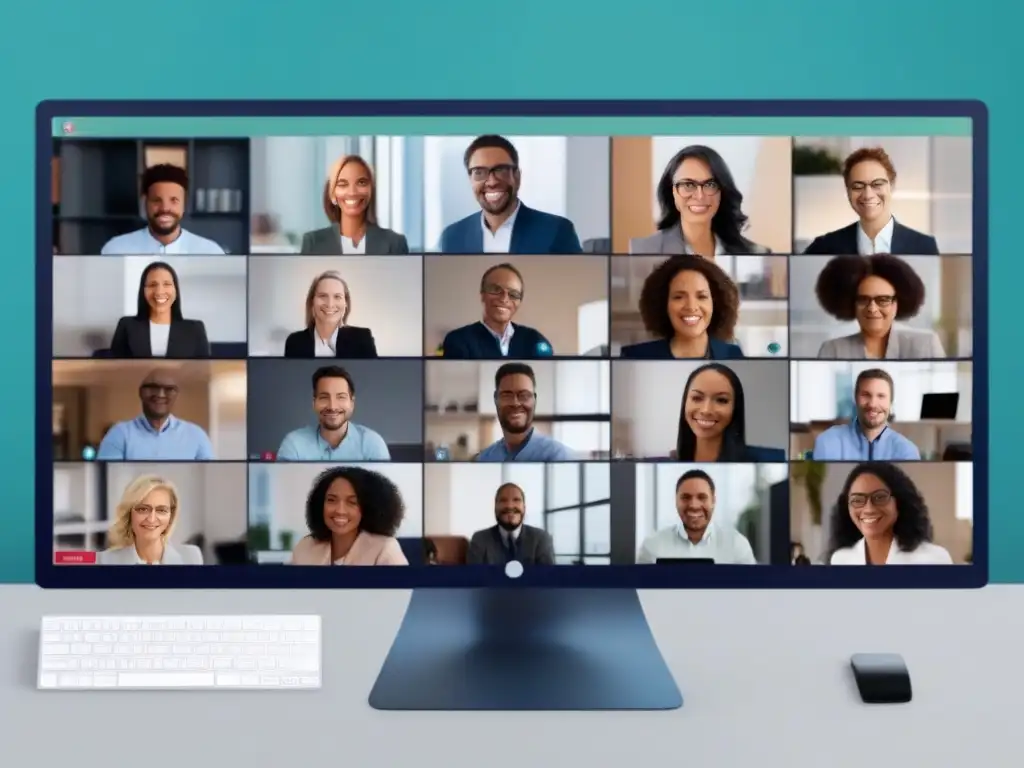 Reunión virtual diversa y colaborativa con fondos virtuales Profesionales diversos participan en una reunión virtual con fondos virtuales, reflejando inclusión y colaboración