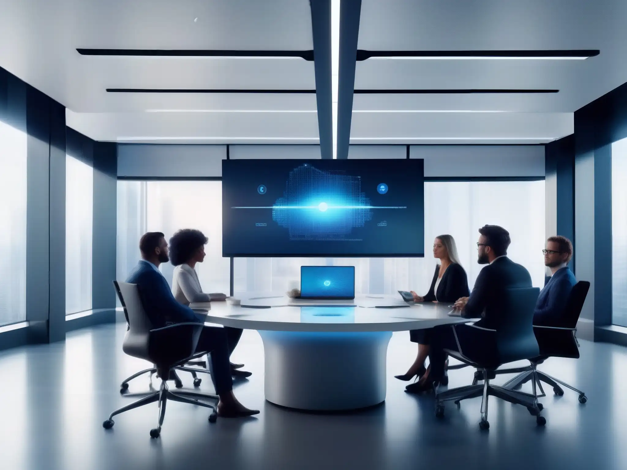 Reunión virtual de profesionales en oficina moderna Profesionales en reunión virtual, con gráficos en el aire