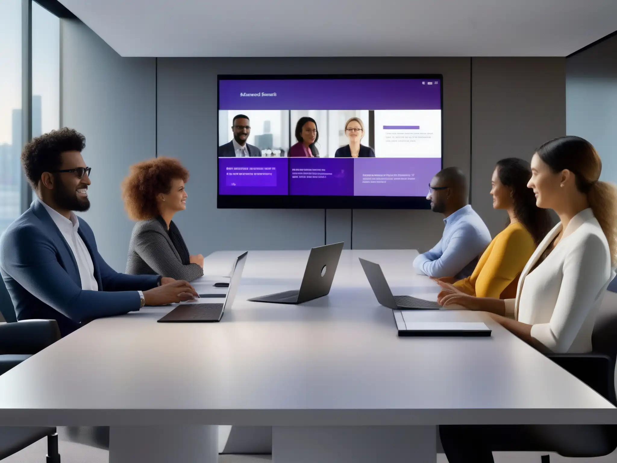 Reunión virtual en Microsoft Teams: colaboración eficiente y futurista Profesionales colaborando en reunión virtual Teams, interactuando con herramientas de colaboración, mejorando productividad