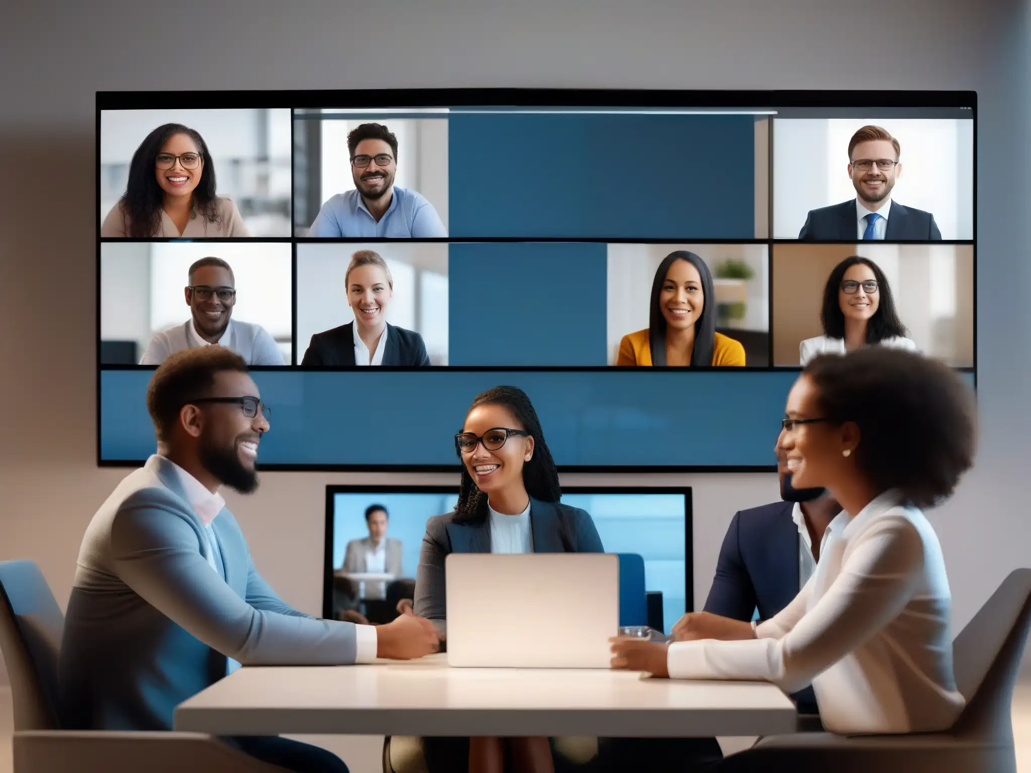 Reunión virtual de profesionales: colaboración y productividad Profesionales colaborando en una reunión virtual con herramientas de videoconferencia para PYMEs