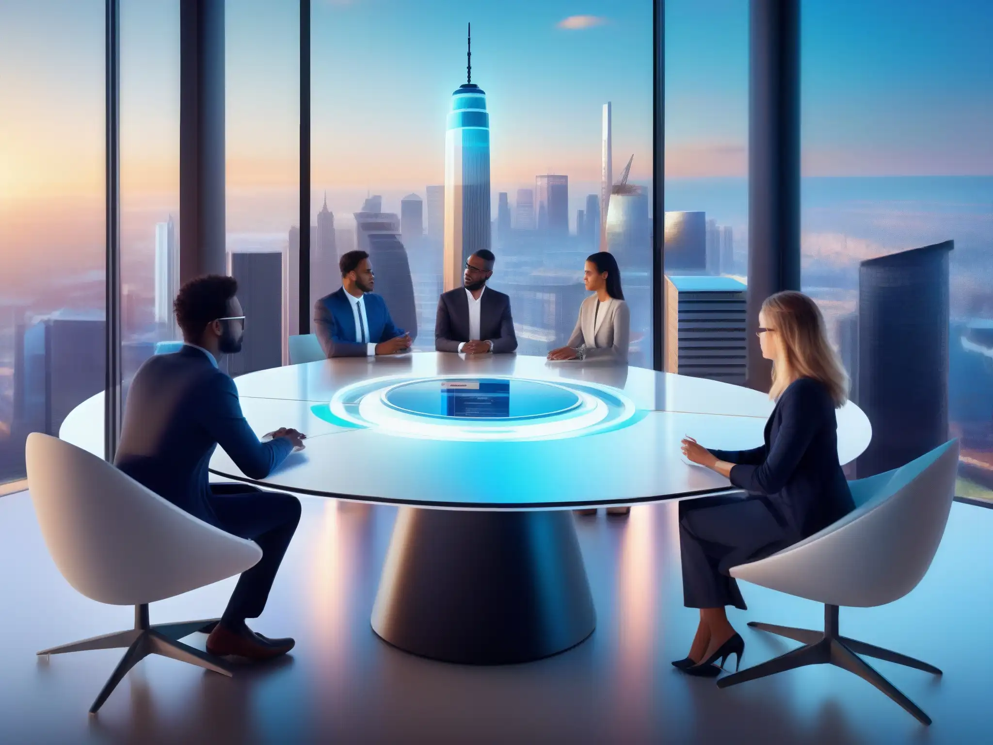 Reunión virtual futurista con hologramas y AI en ciudad tecnológica Profesionales colaboran en reunión virtual con IA y hologramas en ciudad futurista