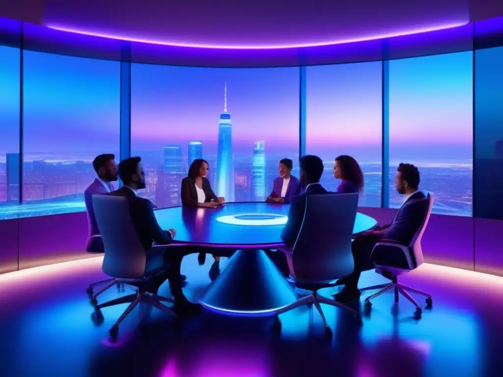 Reunión holográfica futurista de profesionales Profesionales en una reunión virtual con hologramas, en una sala futurista con vista a la ciudad de noche