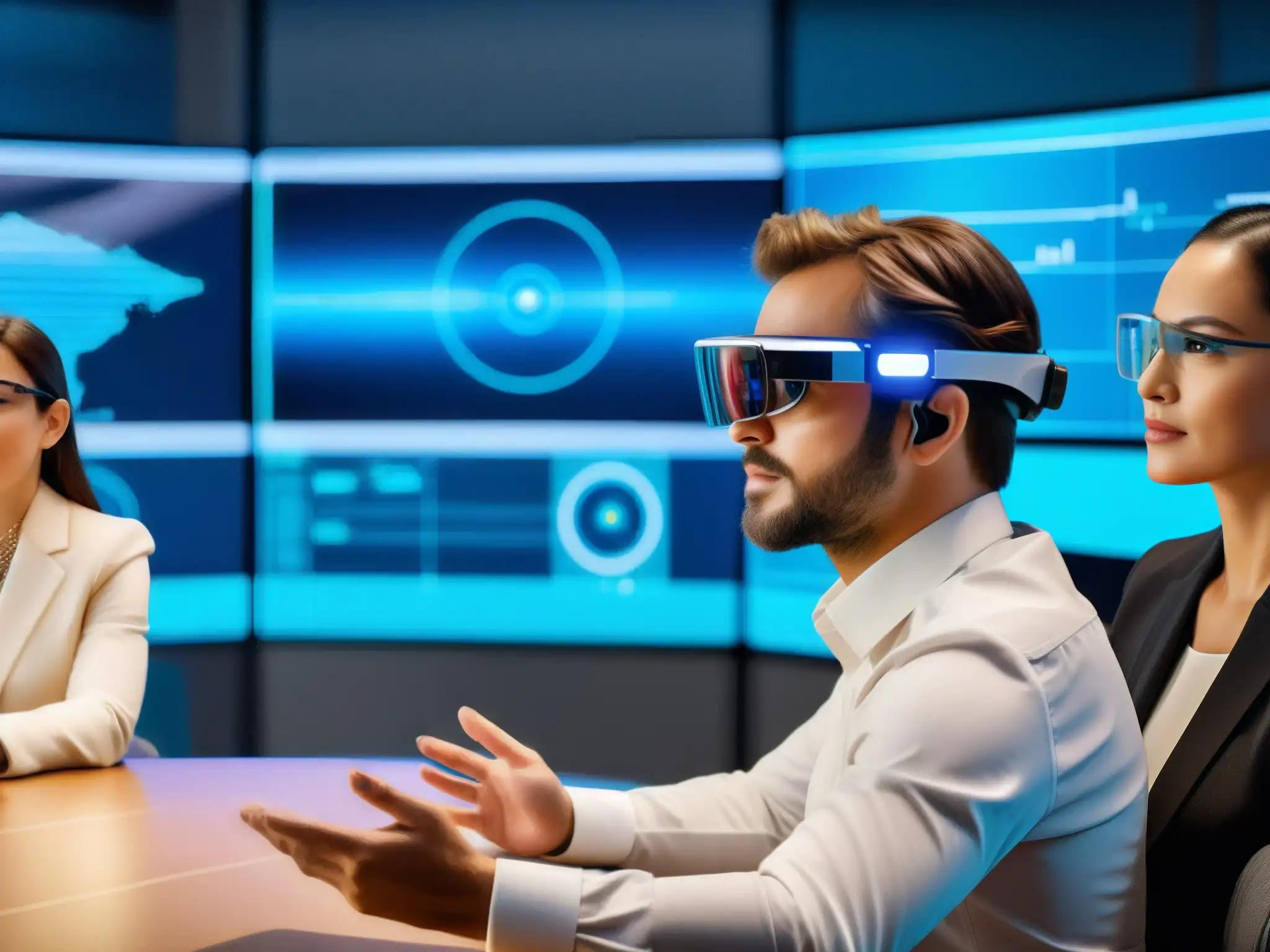Reunión virtual con hologramas 3D y AR Profesionales en reunión virtual con hologramas de datos 3D