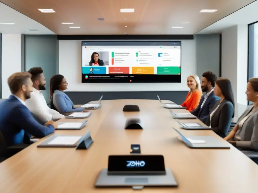 Sala de reuniones moderna con Zoho Meeting Profesionales en reunión virtual muestran la integración de Zoho Meeting con CRM en una sala moderna