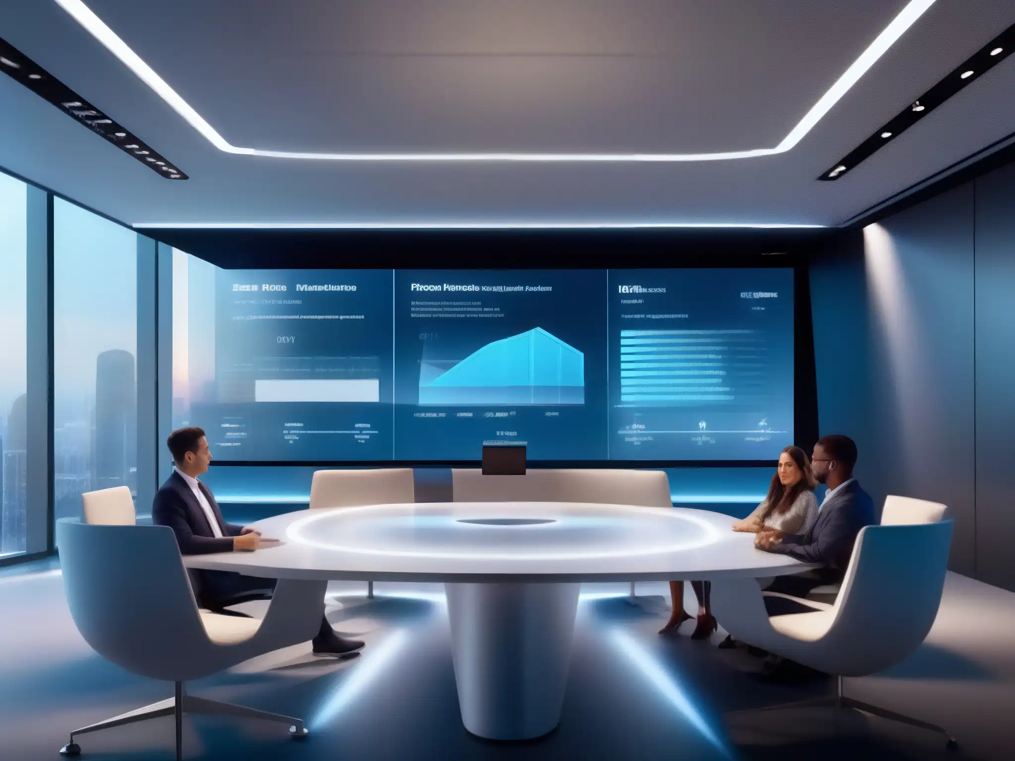 Oficina virtual futurista con IA para reuniones Profesionales en reunión virtual, con tecnología AI integrada