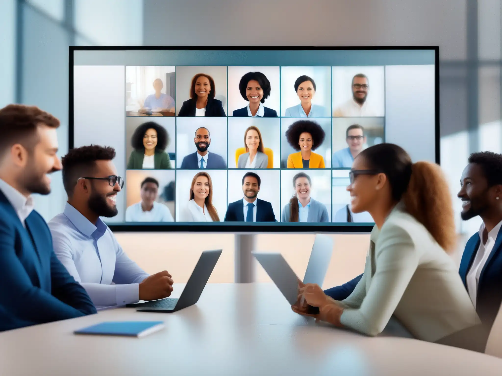 Reunión virtual profesional: colaboración dinámica Profesionales participando activamente en una reunión virtual usando las mejores herramientas para reuniones virtuales corporativas