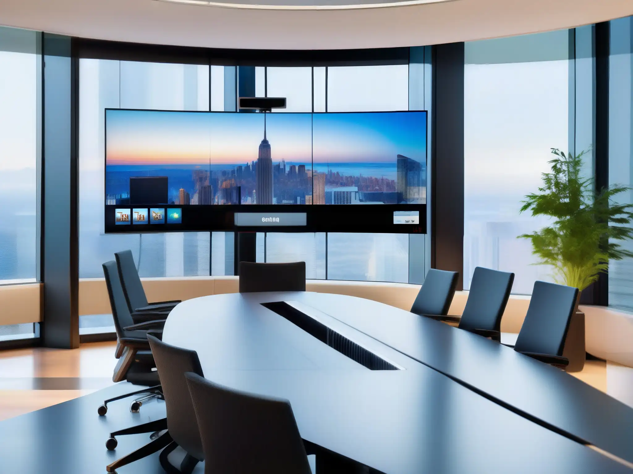 Oficina financiera moderna: reunión virtual y tecnología Profesionales en reunión virtual en moderna oficina financiera con equipo de videoconferencia de alta tecnología y vista panorámica