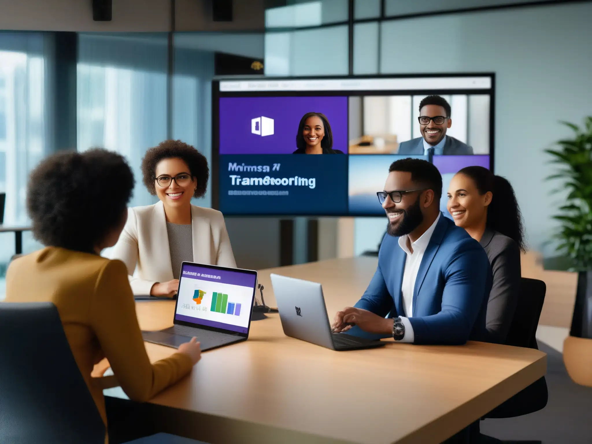 Profesionales globales colaborando en reunión virtual en Microsoft Teams Profesionales en reunión virtual en Microsoft Teams, exudando modernidad y eficiencia en la Transformación Digital Multinacional Microsoft Teams