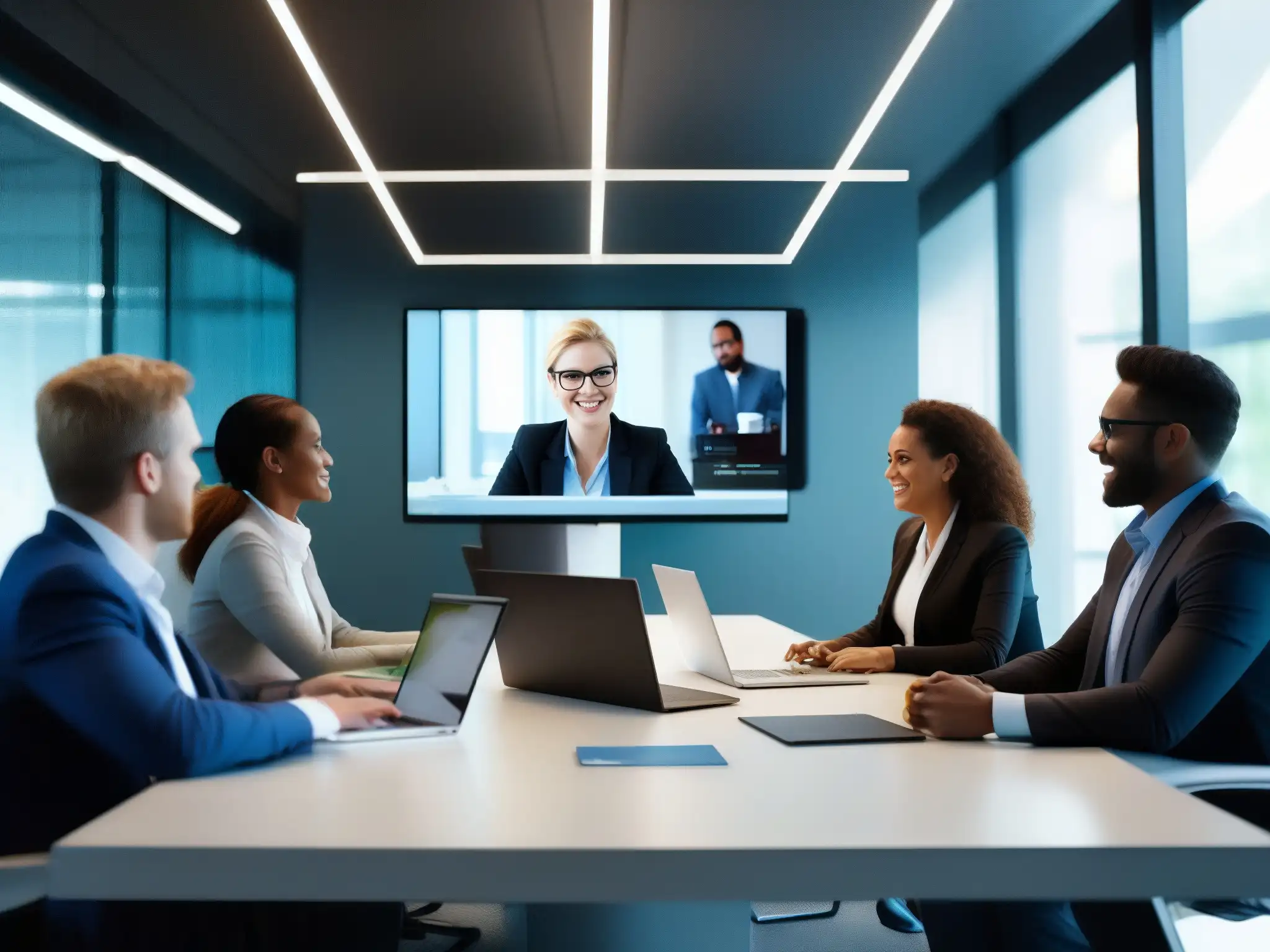 Videoconferencia profesional con Skype en oficina moderna Profesionales en reunión virtual por Skype para Negocios en una oficina moderna, mostrando el rendimiento de Skype para Negocios en PyMEs