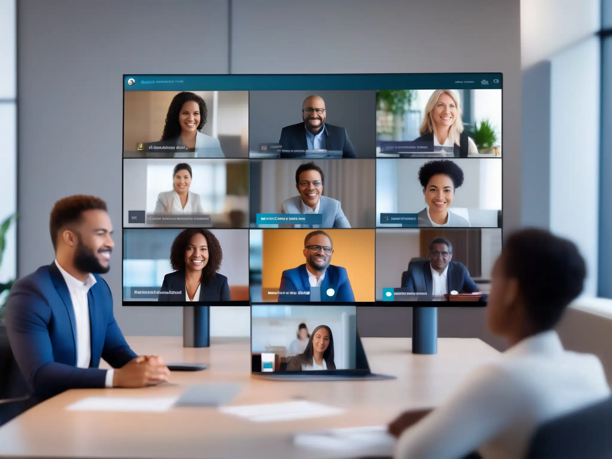 Profesionales comprometidos en reunión virtual interactiva Profesionales participan activamente en una reunión virtual, mejorando la participación en reuniones virtuales con entusiasmo y diversidad