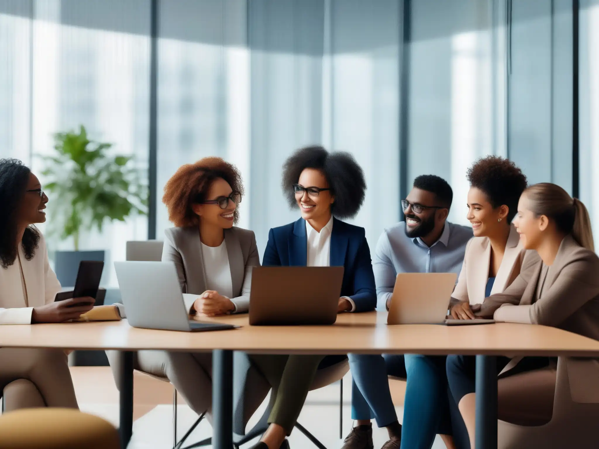 Reunión virtual de profesionales: colaboración dinámica Profesionales diversos participan activamente en una reunión virtual, mejorando la participación en reuniones virtuales con entusiasmo y enfoque