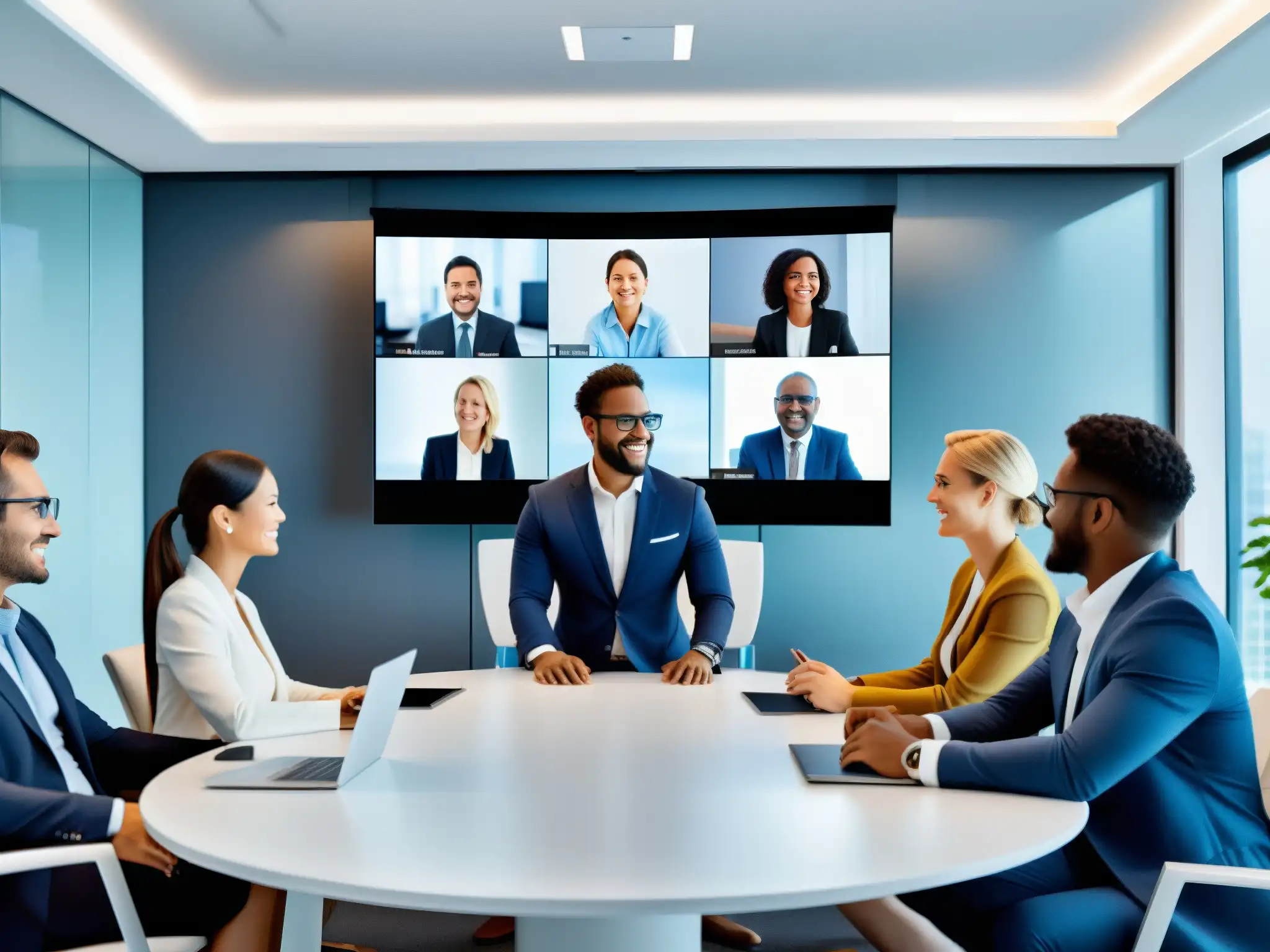 Reunión virtual dinámica y profesional: colaboración e innovación Profesionales colaborando en una reunión virtual, mejorando participación en reuniones virtuales con entusiasmo y tecnología de vanguardia