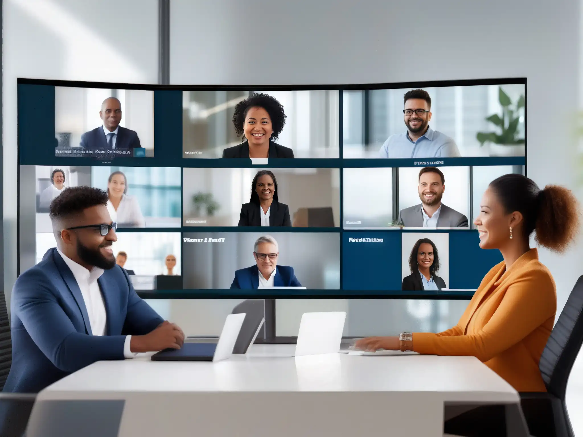Profesionales comprometidos en reunión virtual Profesionales diversos participan activamente en una reunión virtual, mejorando la participación en reuniones virtuales