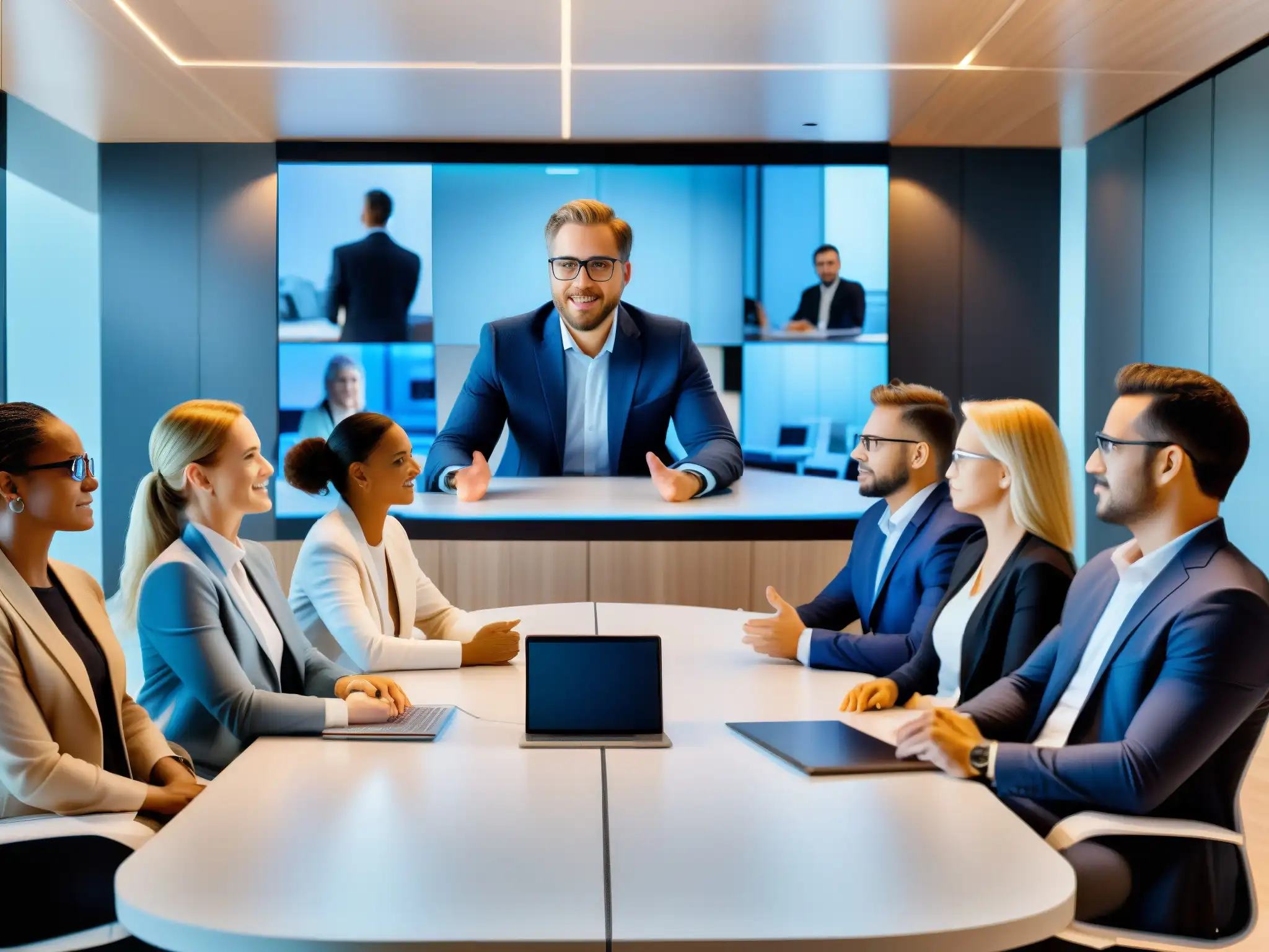 Reunión virtual dinámica de profesionales en sala moderna Profesionales participando activamente en una reunión virtual, mejorando participación en reuniones virtuales con un ambiente dinámico y productivo