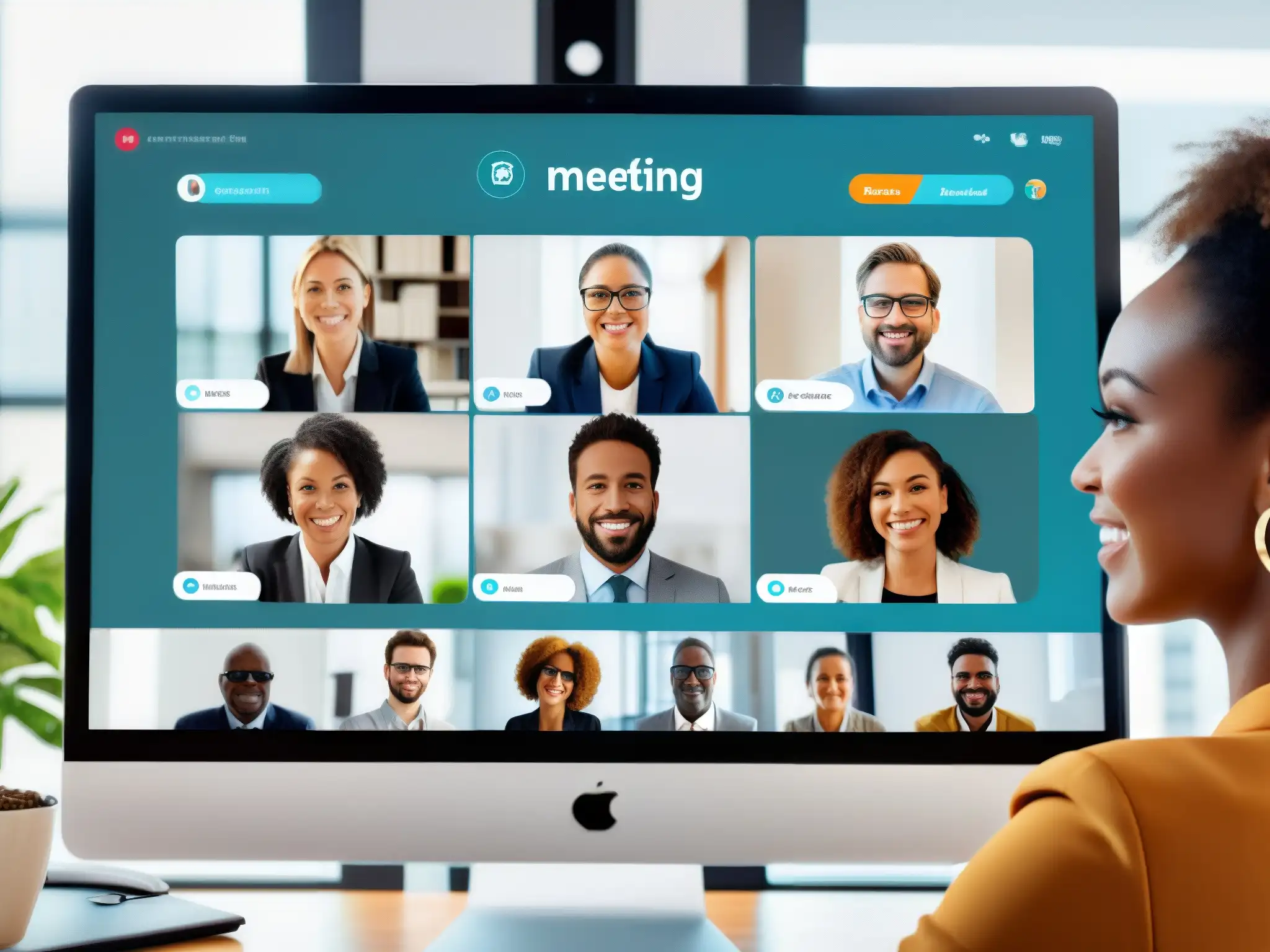 Reunión virtual dinámica: colaboración y productividad Profesionales participando activamente en una reunión virtual, mejorando participación en reuniones virtuales