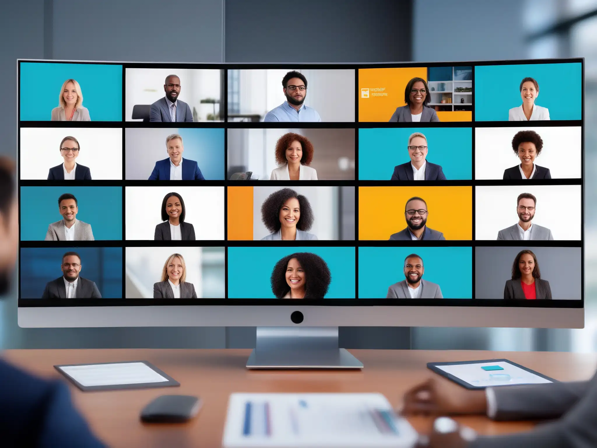 Profesionales en reunión virtual: diversidad, colaboración y tecnología Profesionales en reunión virtual con plataformas diferentes, transmitiendo colaboración y calidad audio videoconferencia