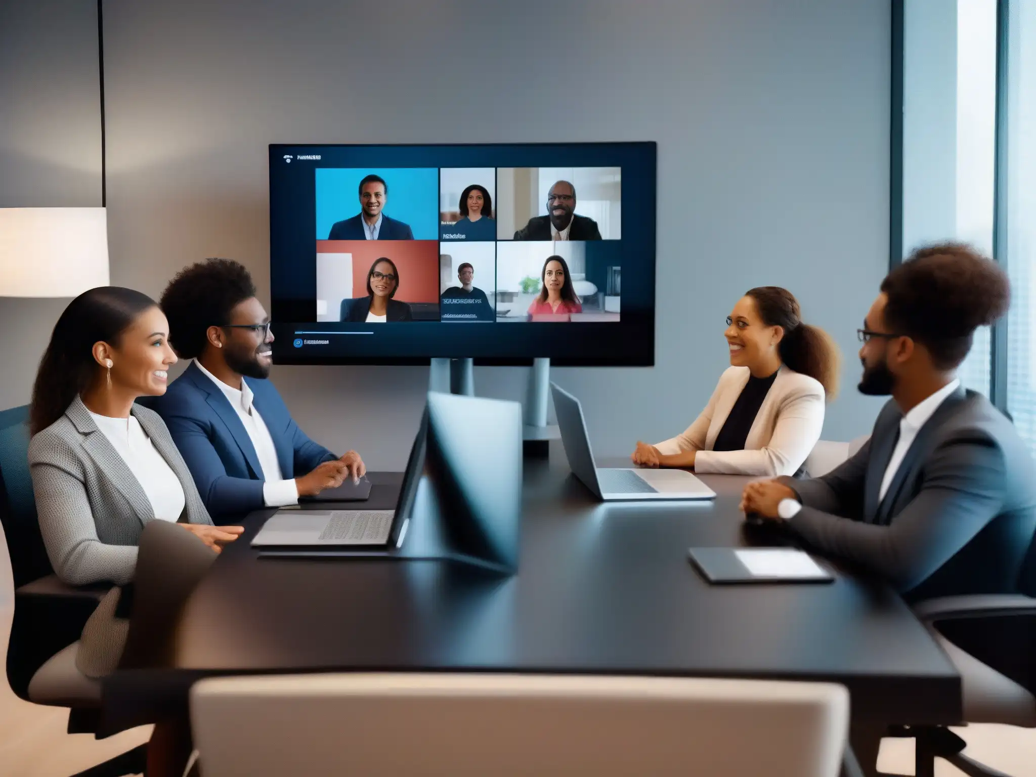 Profesionales en Reunión Virtual: Privacidad y Énfasis Profesional Profesionales en reunión virtual, destacando la privacidad en reuniones virtuales