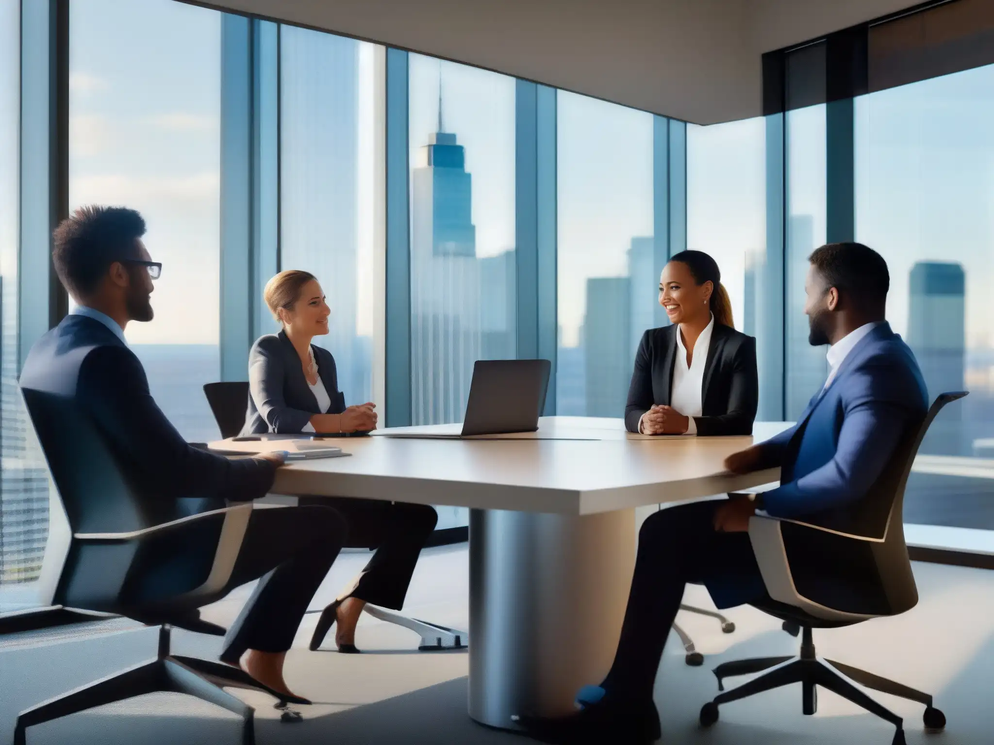Reunión virtual de profesionales en ciudad moderna Profesionales colaborando en una reunión virtual dinámica y productiva, con tecnología de videoconferencia de alta calidad
