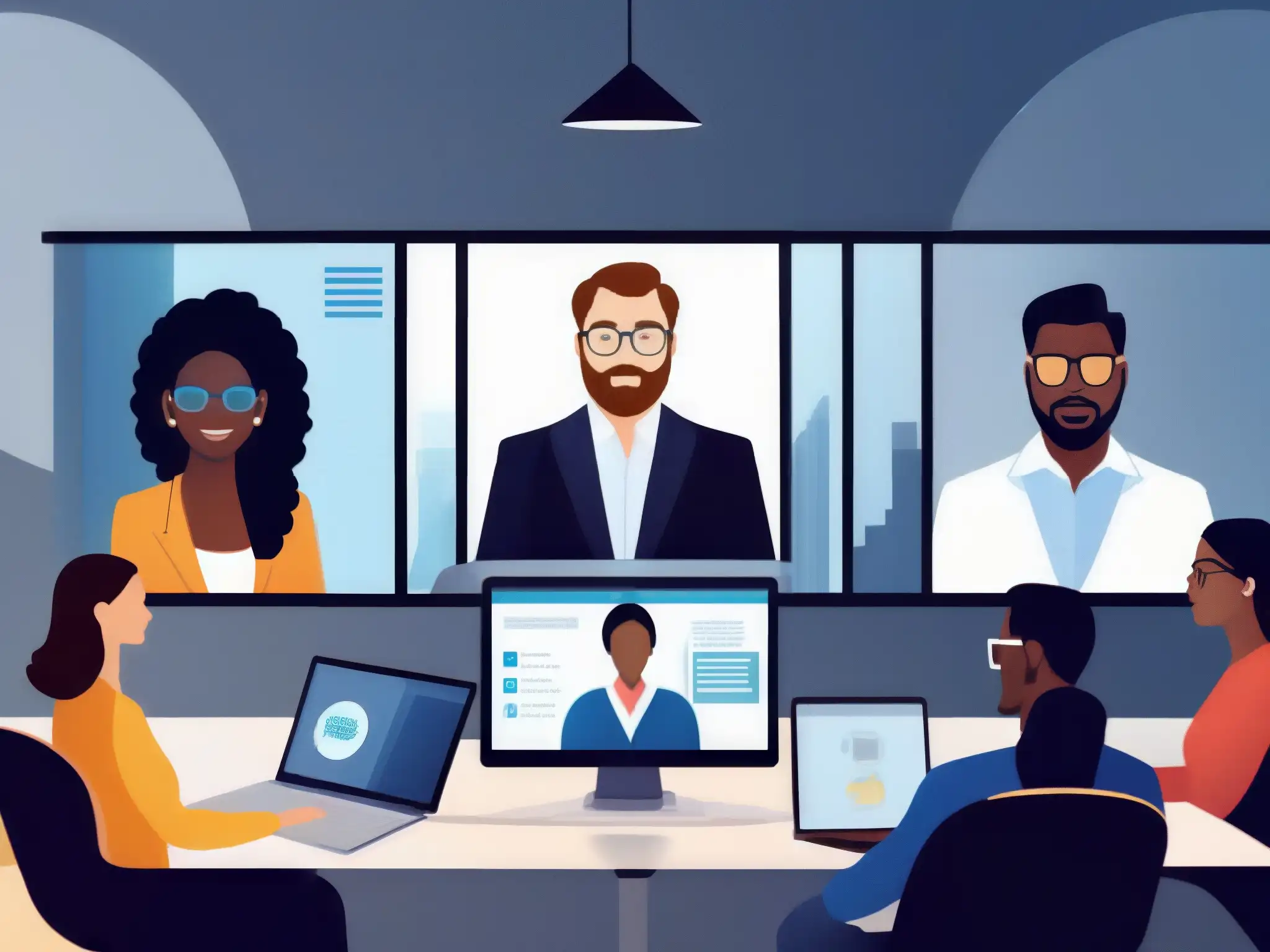 Profesionales enfocados en reunión virtual Profesionales en reunión virtual, colaboración y productividad con las mejores herramientas para reuniones virtuales corporativas