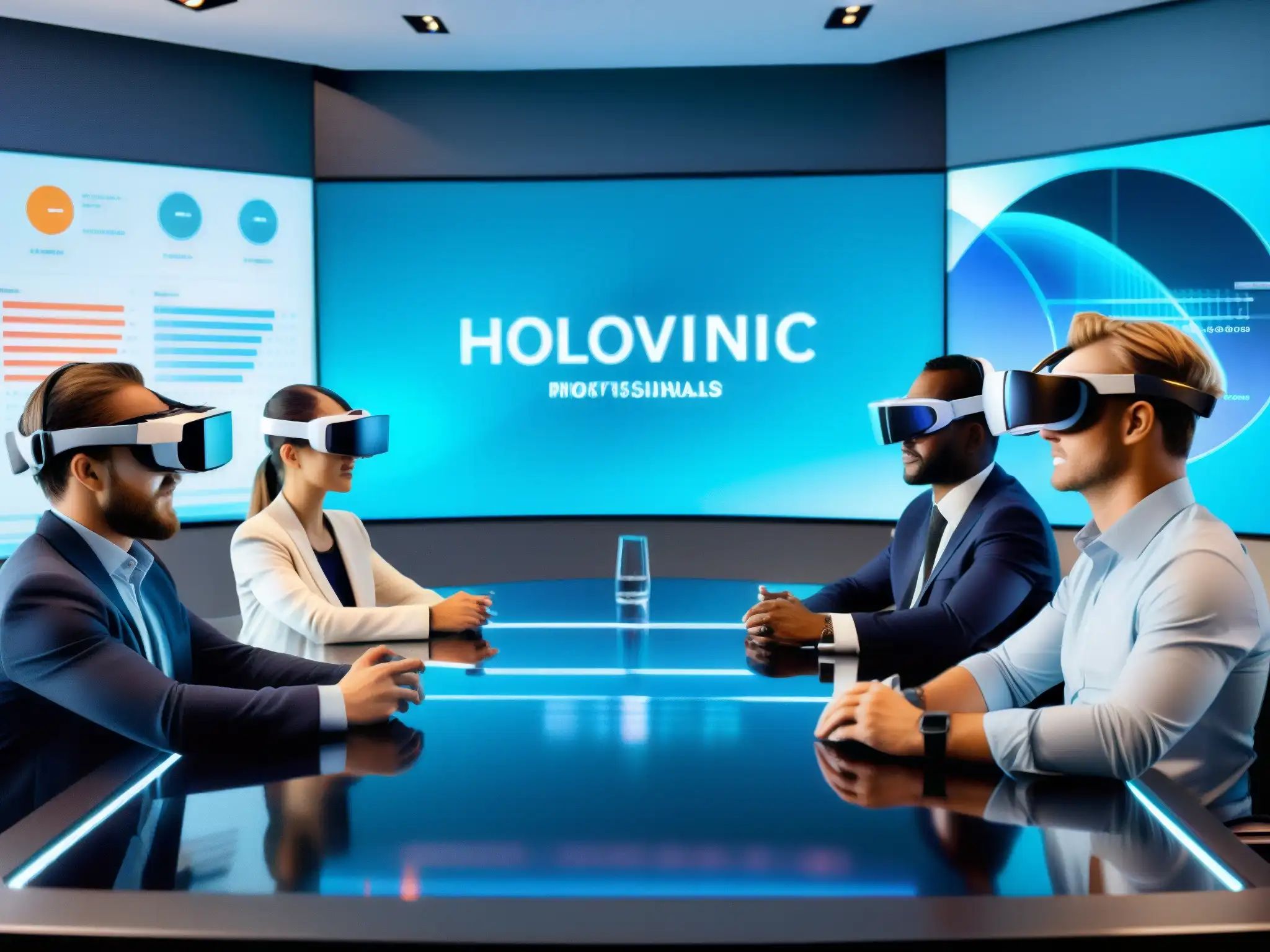 Reunión virtual con realidad aumentada y tecnología futurista Profesionales en reunión virtual, usando realidad virtual e interactuando con gráficos holográficos