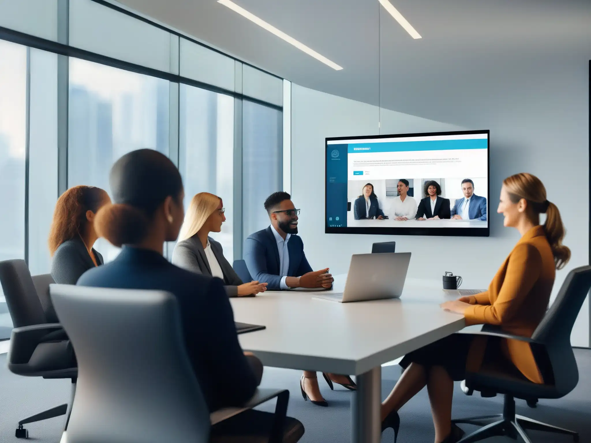 Videoconferencia integrada con CRM: eficiencia y colaboración Profesionales en reunión virtual por RingCentral Meetings, accediendo y actualizando datos en su CRM