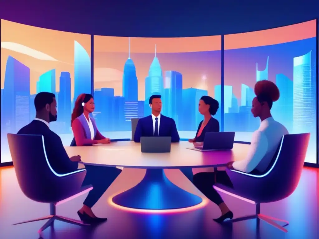 Reunión virtual con privacidad y tecnología Profesionales en reunión virtual, rodeados de pantallas con datos encriptados y una ciudad digital