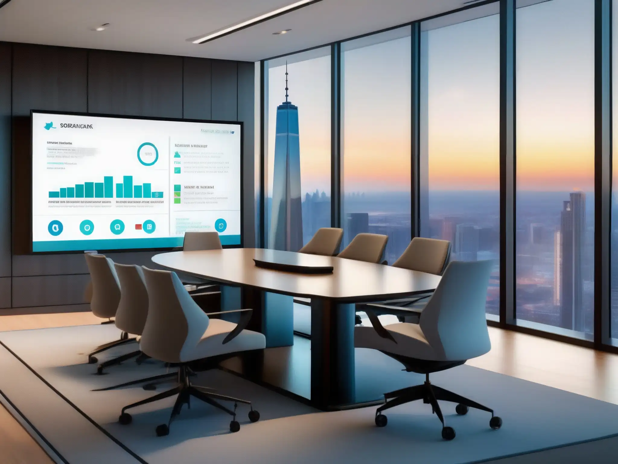 Oficina virtual moderna: reunión eficiente con vista panorámica Profesionales en reunión virtual sector inmobiliario, con moderno mobiliario, vista panorámica y gráficos colaborativos