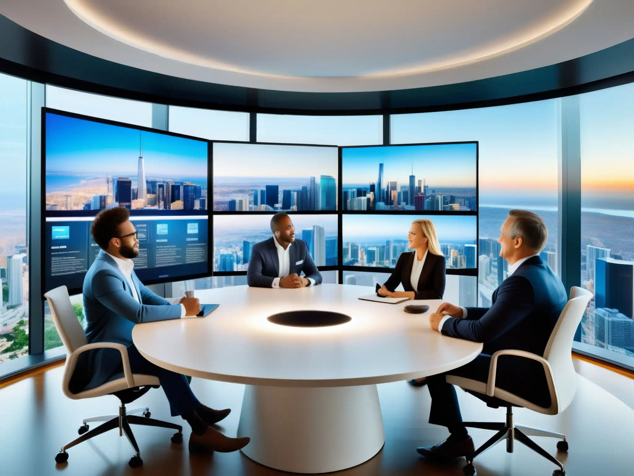 Reunión virtual de bienes raíces: profesionales diversificados discuten propiedades y finanzas en pantalla digital, con paisaje urbano de fondo Profesionales en reunión virtual en sector inmobiliario, usando tecnología de vanguardia para negocios digitales, con panorámica urbana al fondo