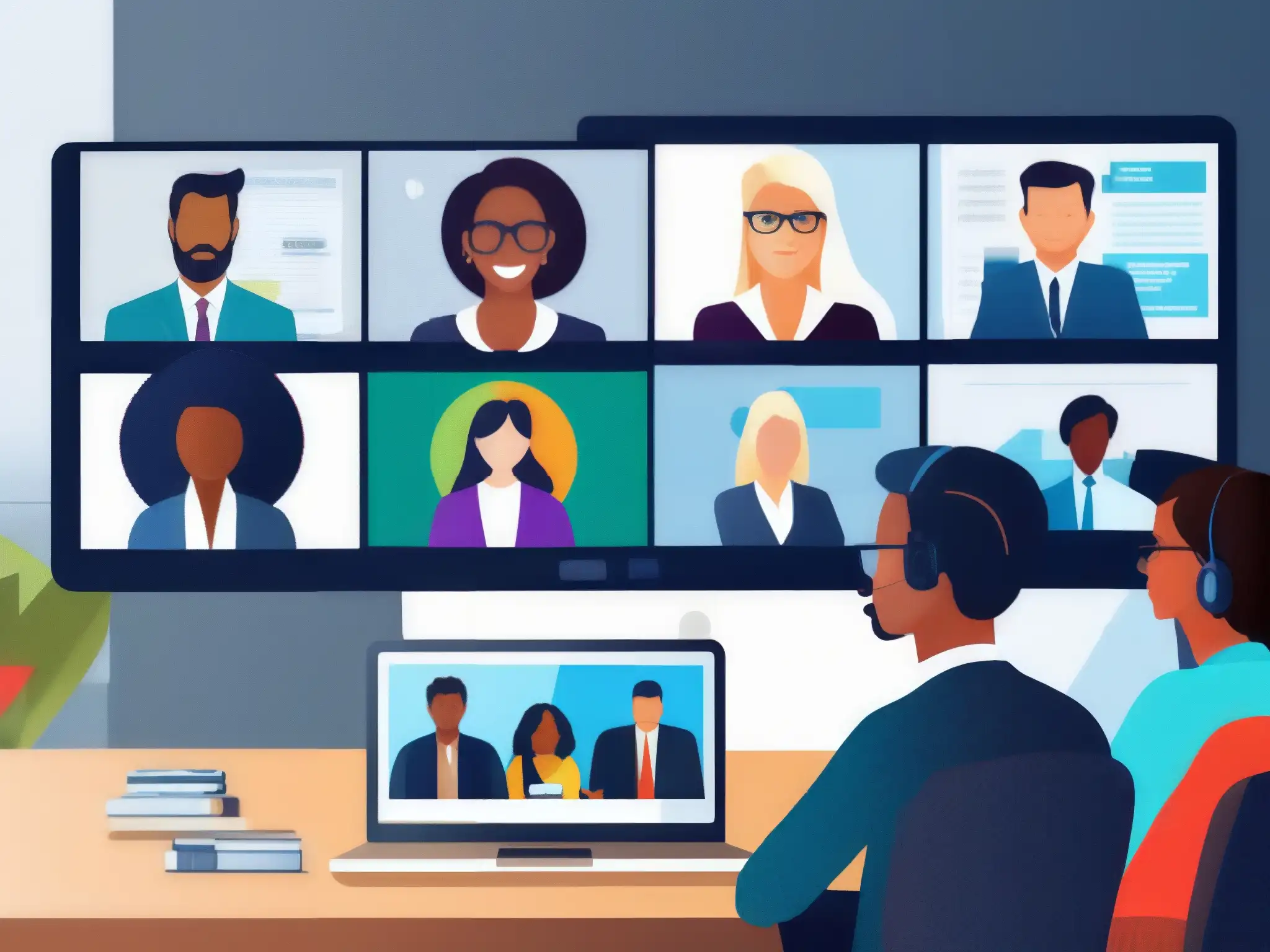 Profesionales seguros en reunión virtual: autenticación y encriptación Profesionales diversos participan en una reunión virtual segura, destacando la prevención de fallos de autenticación