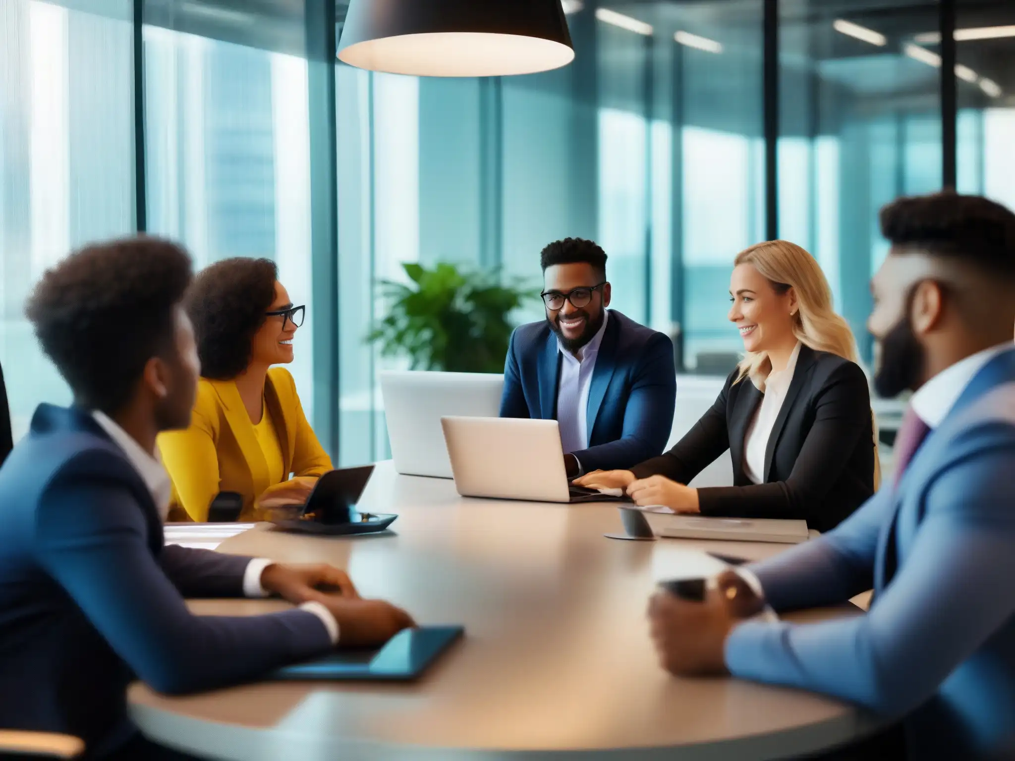 Reunión de profesionales en oficina moderna Profesionales en reunión virtual, discutiendo la transferencia internacional de datos en una oficina moderna y luminosa
