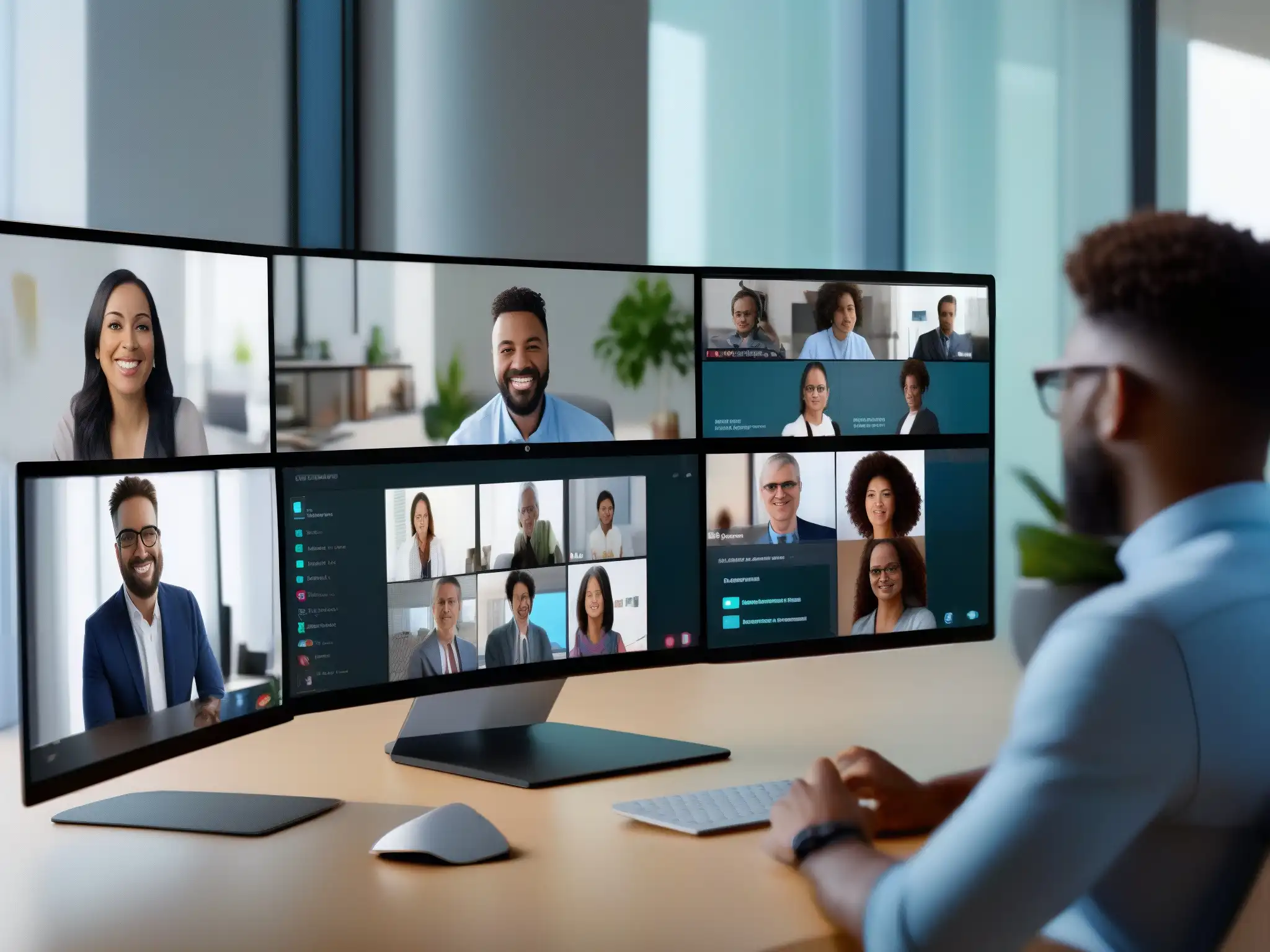 Reunión virtual de profesionales en Webex: colaboración innovadora en 8k Diversos profesionales colaboran en una reunión virtual a través de Webex, mostrando funciones Webex comunicación empresarial