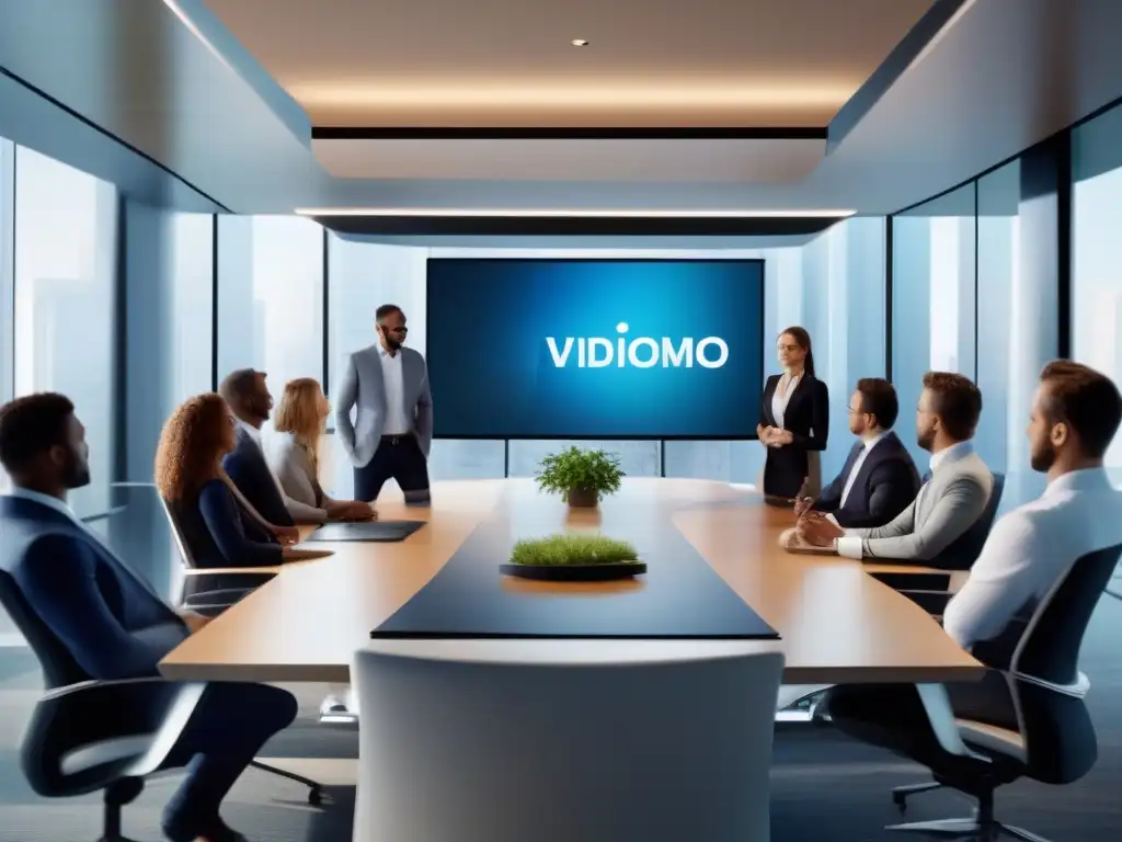 Sala de conferencias moderna y eficiente con tecnología de vanguardia y equipo profesional colaborando en un ambiente sofisticado y profesional Profesionales en reunión virtual con videoconferencia de alta tecnología en una oficina moderna y luminosa